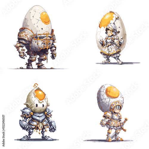 Egg warriors in detailed armor with yolk helmets and cracked shells. A quirky and humorous fantasy illustration set ideal for games, comics, or concept characters.

