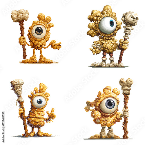 One-eyed popcorn monsters with tribal staffs in whimsical designs. A fun and crunchy twist on fantasy creatures, great for game characters or creative storytelling.

