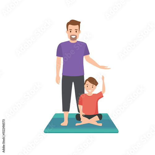 Father and son doing yoga together on mat