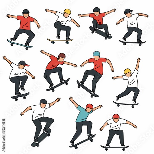 Skaters performing tricks in outline style