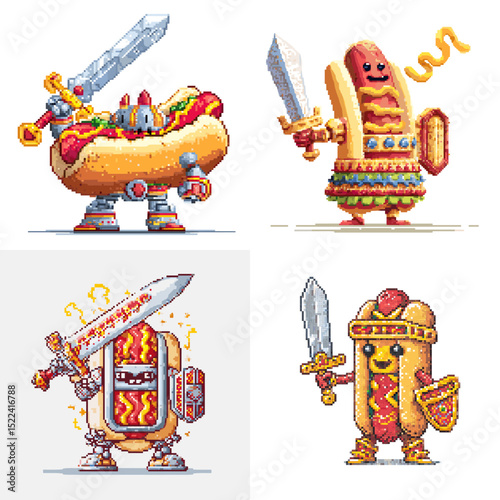 Funny hotdog warriors with swords and armor in vibrant battle-ready poses. A playful mix of fast food and fantasy characters ideal for games and fun art projects.

