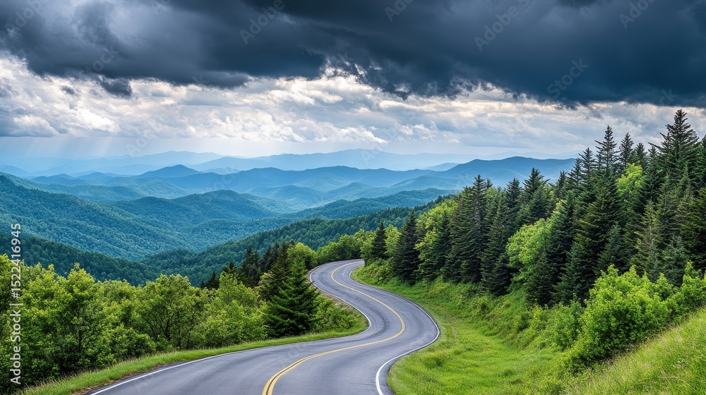 Naklejka premium Majestic mountains and lush forests create a serene landscape during late afternoon light
