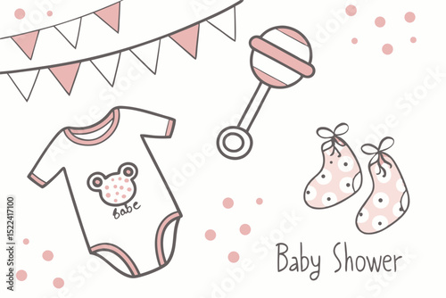 Adorable baby shower illustration featuring a baby onesie rattle and cute socks with transparency for various design projects.