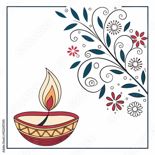 Decorative diwali celebration illustration featuring a hand drawn oil lamp with floral elements and a transparent background
