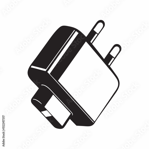 Black plug charger with two prongs on white background  