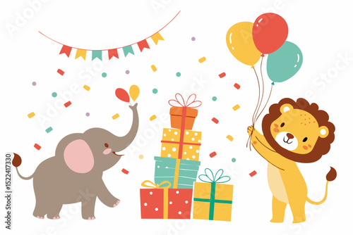 Delightful party illustration featuring a smiling elephant, playful lion, colorful balloons, and festive gift boxes for celebrations.