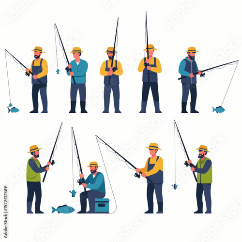 Fishermen with rods catching fish flat style