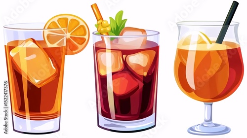 Three refreshing iced cocktails in glasses