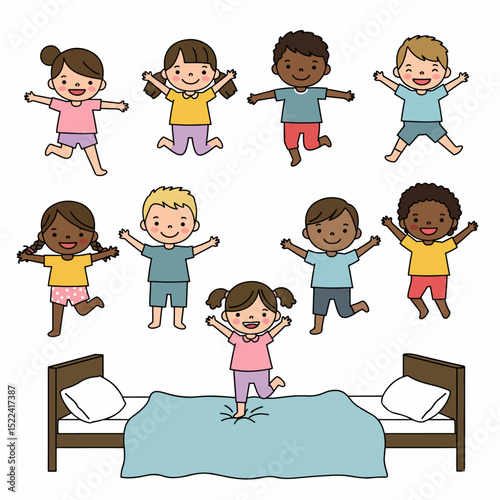 Kids jumping on bed with happy expressions