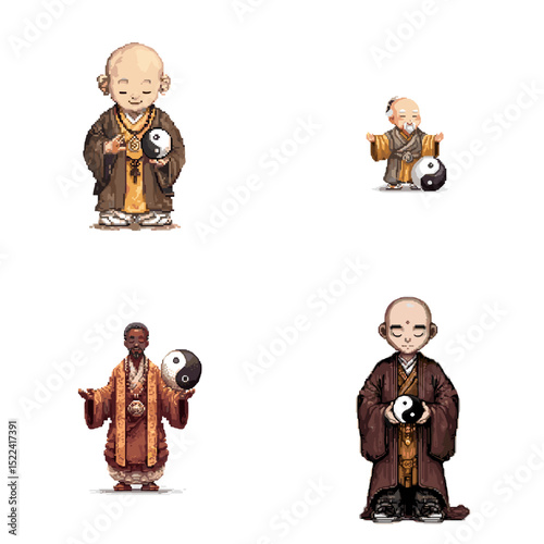 Peaceful monks holding yin yang symbols in calm meditative poses. Minimalist and spiritual characters great for zen, philosophy, and mindfulness designs.

