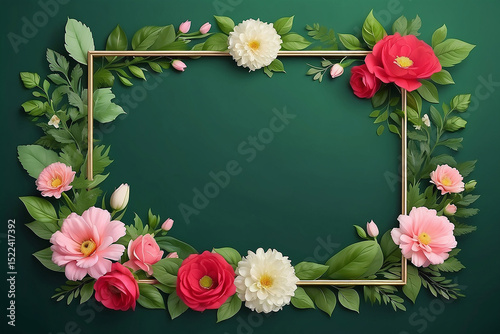 Flowers Art Design Frame made flowers green leaves Valentines background with flowersValentines day card concept