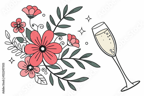 Elegant floral illustration with champagne glass perfect for celebrations and decorative design elements