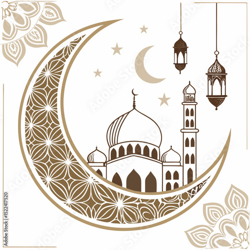 Elegant islamic design featuring a mosque moon lanterns and decorative elements on a white background