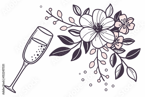 Elegant illustration of a champagne glass alongside beautiful floral elements on a transparent background for design projects.