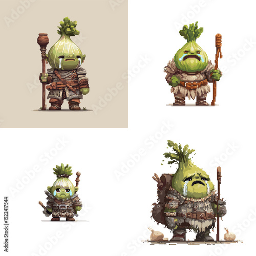 Whimsical onion shamans dressed in tribal gear and holding staffs. Unique fantasy characters with magical and emotional expression, ideal for game assets.

