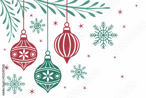 Festive holiday decorations with baubles and snowflakes in red and green suitable for seasonal design