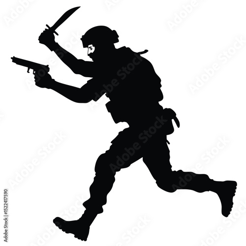 Silhouette of Armed Man Running with Knife and Gun in Hand, Action Pose, Black