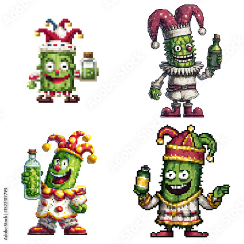 Funny pickle clowns holding bottles, with vibrant expressions and jester outfits. Whimsical pixel art perfect for games, memes, and humor designs.

