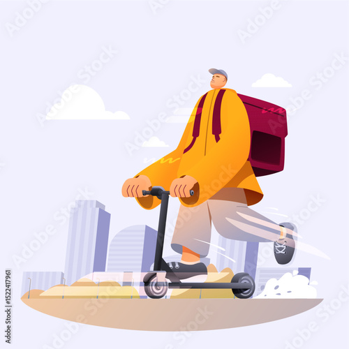 cartoon courier on scooter rides around city, vector illustration