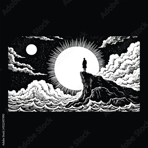 Silhouette of a solitary figure standing on a cliff gazing at the celestial night sky