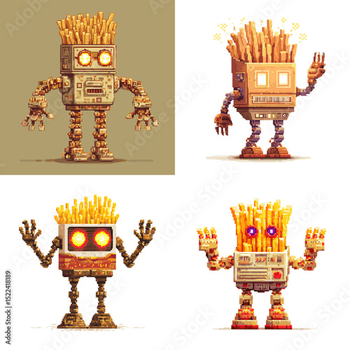 Pixel-style robot characters with heads full of crispy fries—ideal for fast food branding, game design, and creative food character sets.

