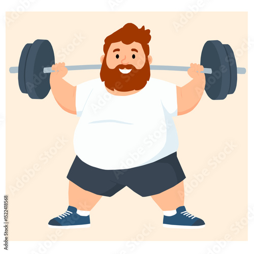 Vector illustration of an overweight man lifting dumbbells in a gym with motivation and self-care, promoting fitness, health, and body positivity.