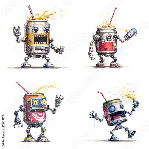 Energetic soda can robots with dynamic expressions and straws—perfect for futuristic game characters, robotic icons, or beverage mascots.

