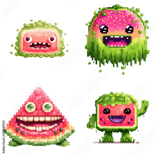 Pixel art watermelon monsters in vibrant, fun styles—perfect for kids’ games, digital collectibles, and quirky fruit-based character designs.

