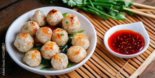  banner of fishball grill in white plate  style white theme
