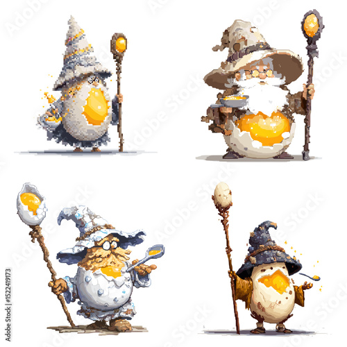 Adorable wizard egg characters holding staffs and spell books—ideal for fantasy games, children's content, and whimsical storytelling illustrations.

