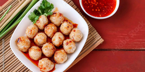  banner of fishball grill in white plate  style white theme