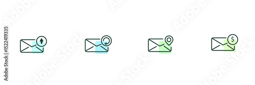Minimalist icon mail set collection. Goals,reload,location,dollars, 4 type . Simple design. Vector illustration