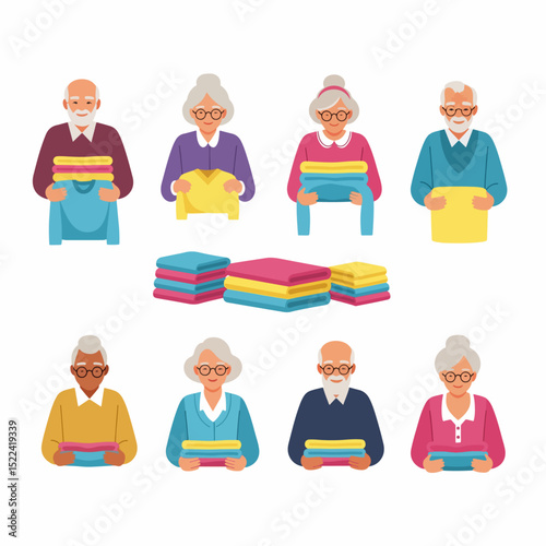 Seniors holding stacks of colorful folded laundry