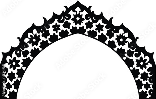Floral Arch Silhouette Design Intricate Black Flowers on White Background Illustration