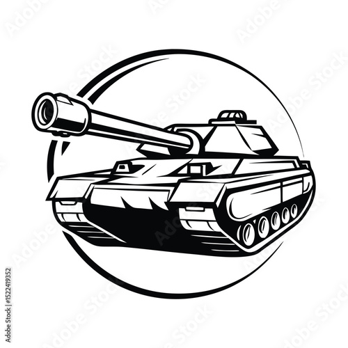 Bold Outline Military Tank with Intricate Tread Design in Circle