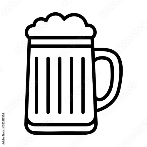 Beer mug icon with foam, minimalistic line art, black and white graphic design