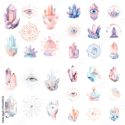 Mystical watercolor illustrations of crystals, sacred geometry, chakras, and third eyes—perfect for spiritual content, tarot design, and wellness branding.

