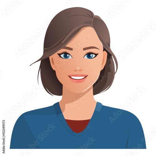Flat Vector. Portrait of only one Woman. Simple Background.