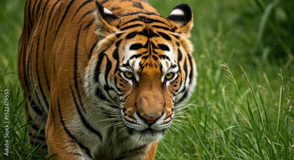 Naklejka premium Detailed Portrait Of A Majestic Tiger Walking Through Lush Green Grass With Intense Eye Contact