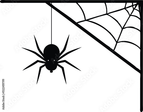 Illustration of Hanging Spider in Web Corner, Black on White Background