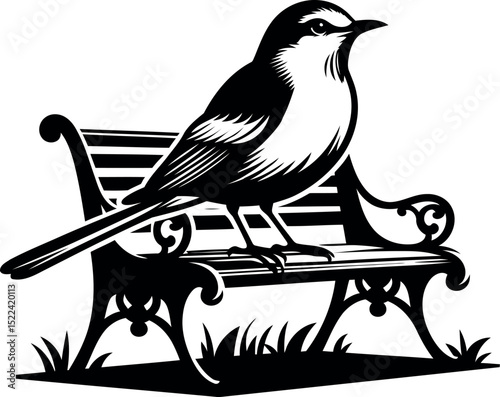 Bird perched on a bench in a park