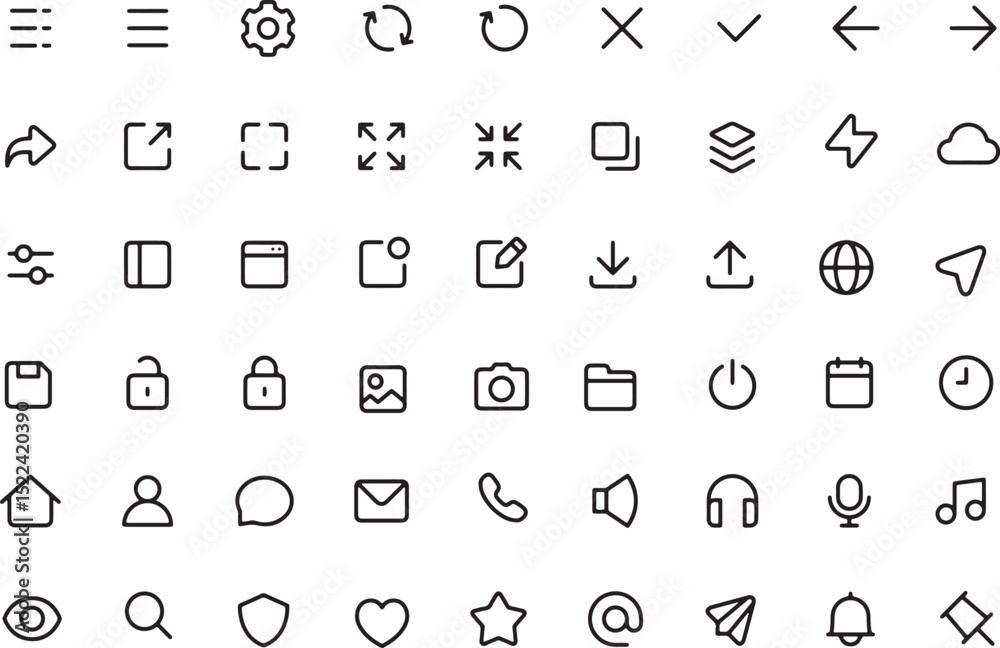 Thin line icon set for graphical user interface ui of mobile app web application software button. Pixel perfect icons, editable stroke.