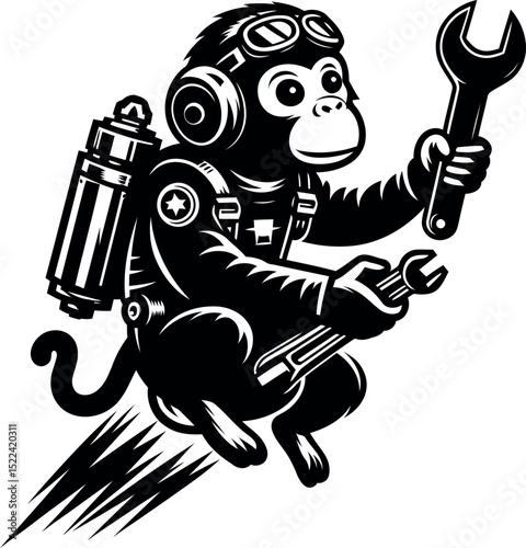 Silhouette of a Astronaut Monkey with a Wrench