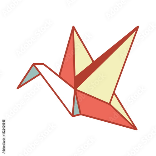Origami crane in geometric style with red and yellow colors