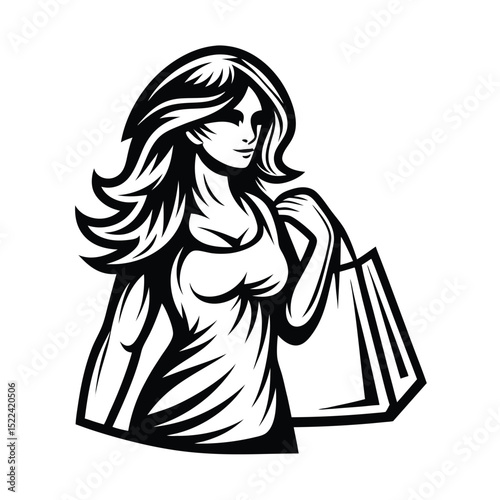 Silhouette of Smiling Woman Carrying Shopping Bags, Elegant Design, Black & White
