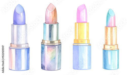 A collection of colorful lipsticks in various shades and stylish packaging.watercolor Hand drawn