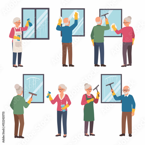 Seniors Cleaning Windows With Spray and Squeegee
