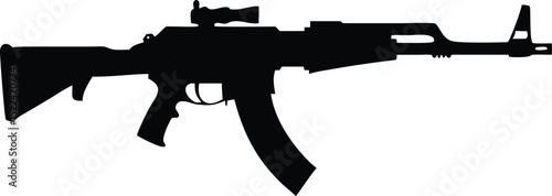 Isolated Black Silhouette Illustration of an AK47 Style Assault Rifle on a White Background