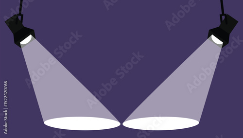 Stage Spotlights with Bright Light Beams on Purple Background – Theater Lighting Vector Illustration. 
