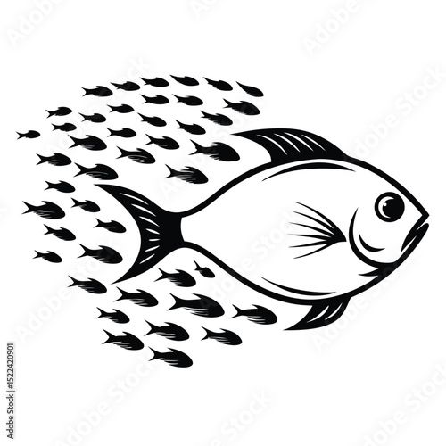 Fish School Silhouette, Large Fish Leading Smaller Ones, Animal Migration, Underwater Life